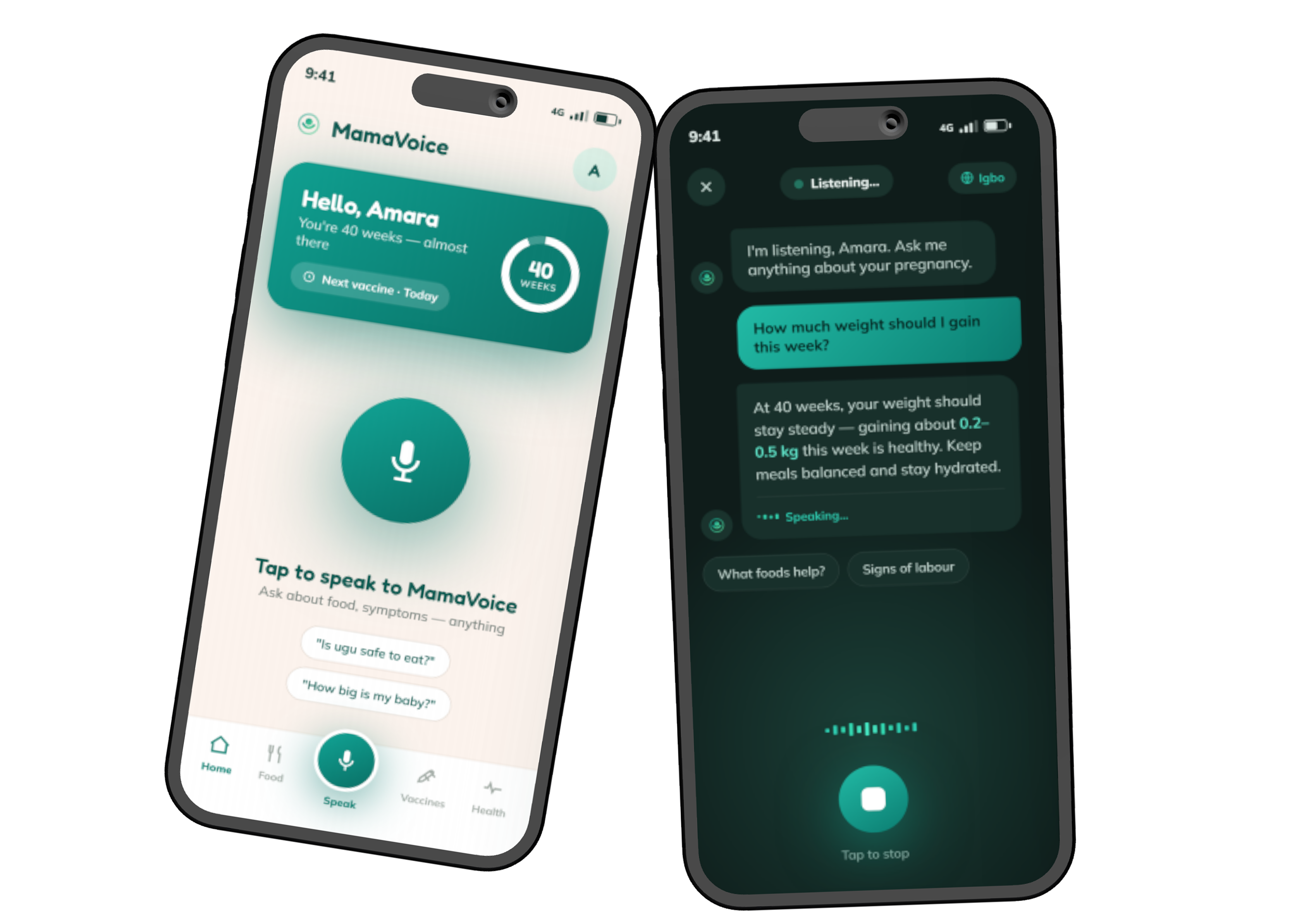 MamaVoice Companion app showing pregnancy health dashboard